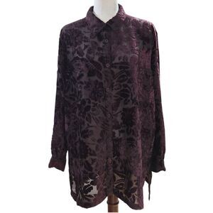 Main Street Blouse Large Dark Burgundy Floral Velvet Burnout Sheer‎ Rayon India